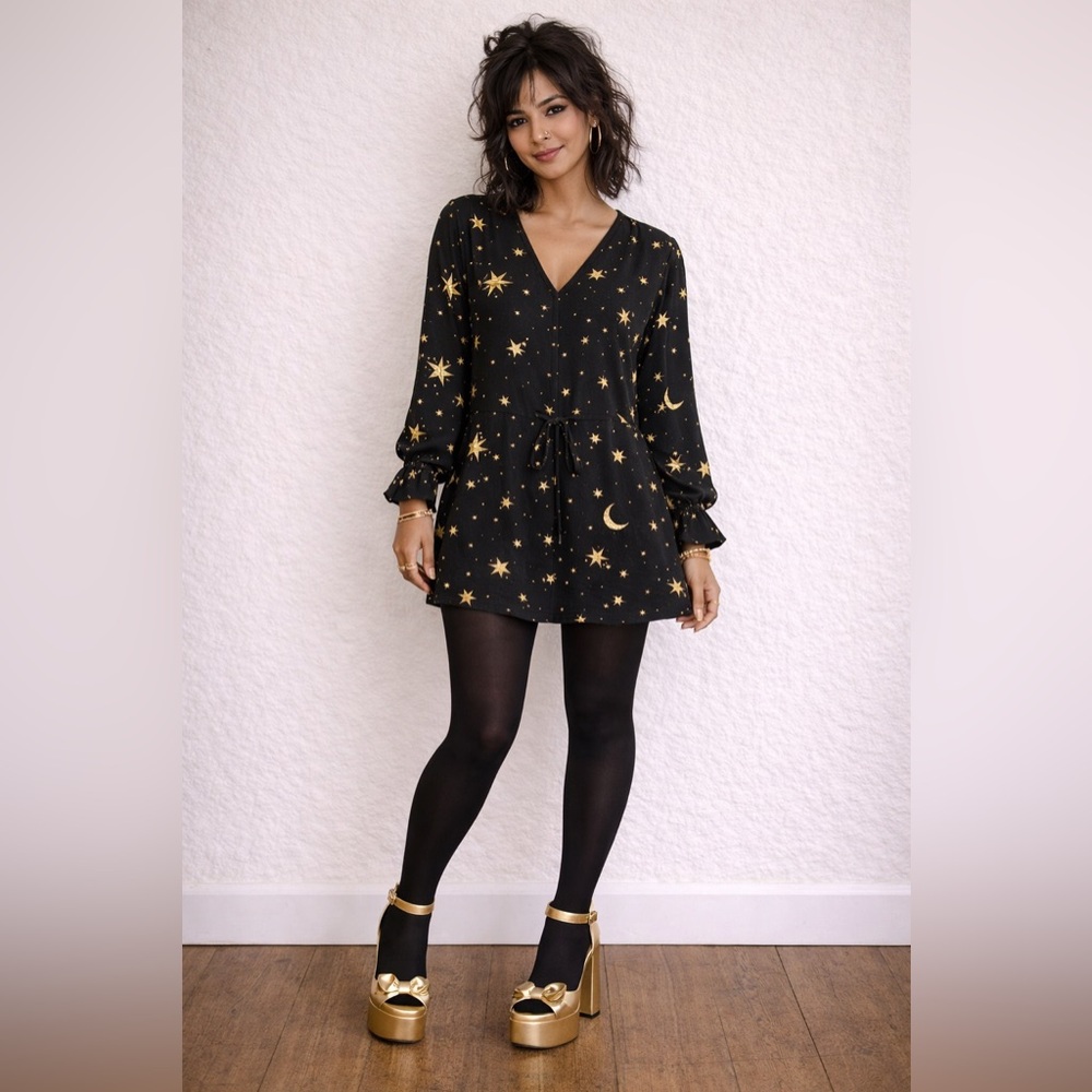 HAODUOYI Black Mini Dress with Gold Star & Moon Print